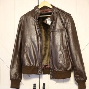 Bermans Brown Leather Jacket Size 42 L Leather Experts Fleece Lined Vintage Coat